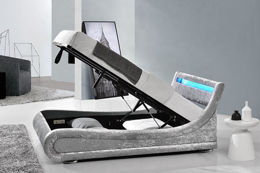 Crushed-Velvet LED Ottoman Gas Lift Storage Bed Frame